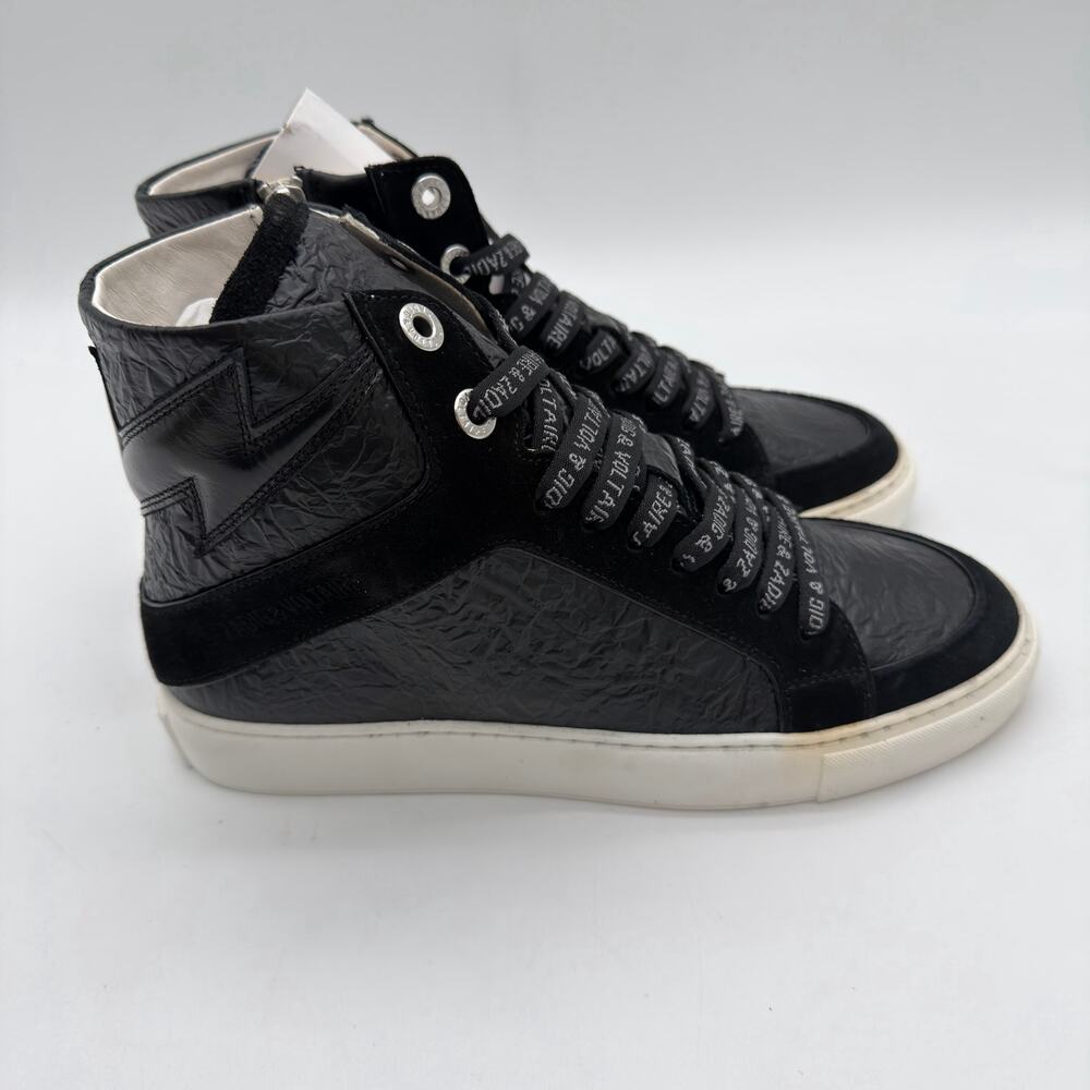 Zadig & Voltaire High Flash HighTop Wrinkle Leather Black $498 Sneakers FR38 US7